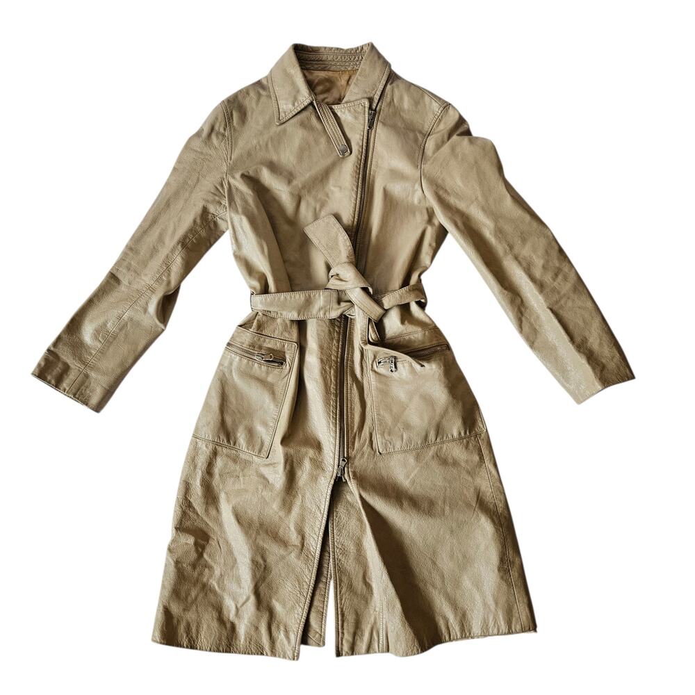Y2k Euro Trench Coat Beige Caracetre Longline Vegan Leather - Small
